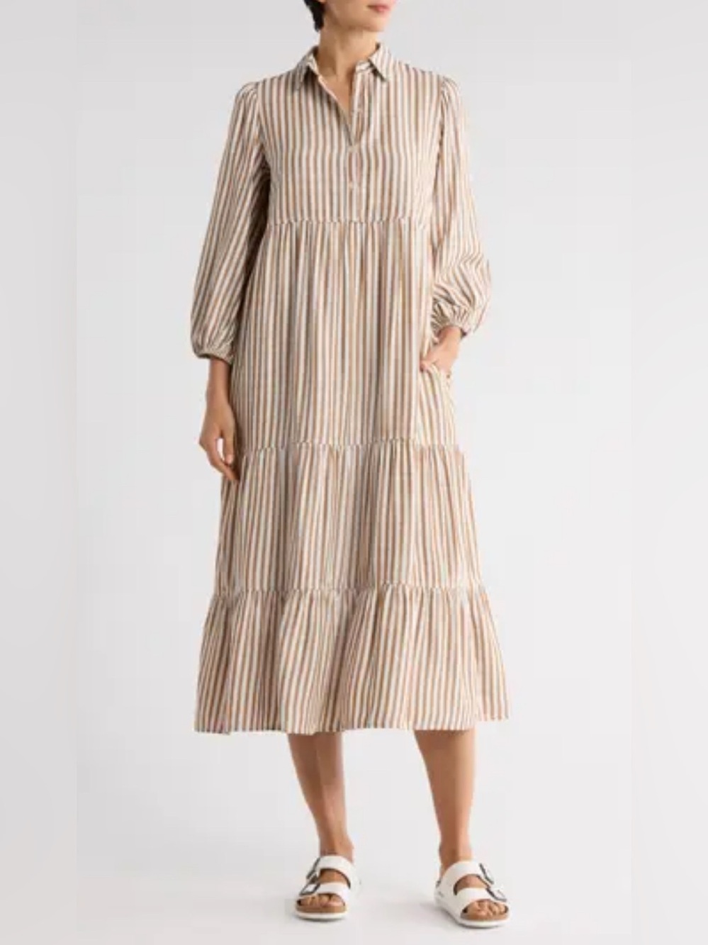 Max Studio Stripe Tiered Maxi Shirtdress